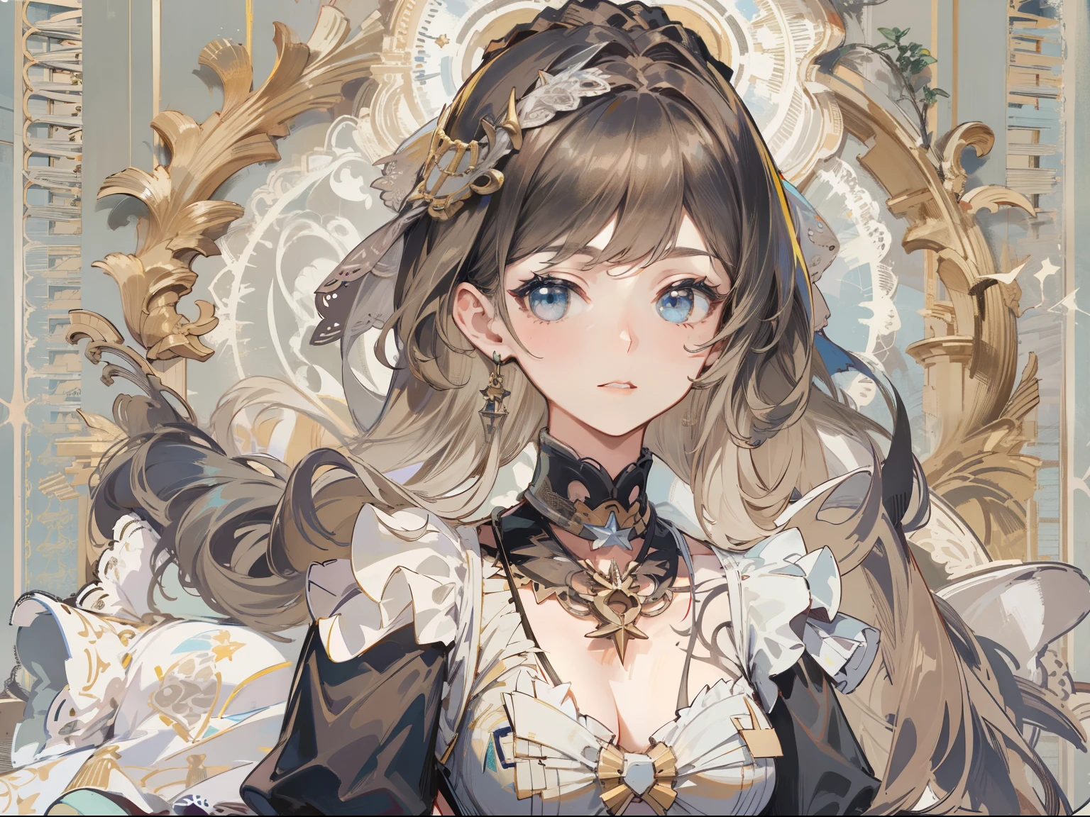 (Masterpiece, best quality) detailed, Detailed face, one eye covered by bangs, character sheet, full bodyesbian, many items (same person, dress, necklace, lace, bow, shoes, decoration, many parts), aristocratic woman, gentle, good-looking skirt, full of details, clear outfit design