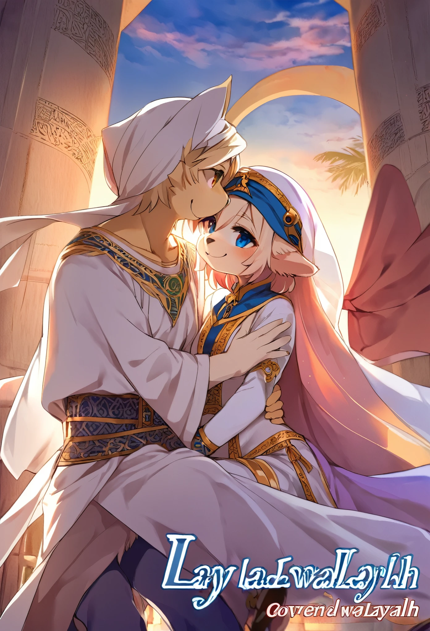 doujinshi cover_page, highres, top quality, best quality, paid reward available, unparalleled masterpiece, perfect artwork, absurdres, High-quality illustrations, super high resolution, detailed background, perfect anatomy(1girl, 1boy, couple, kemono, furry anthro, fearless smile, Arab national costume, love romance)The Arabian Nights, Alf Laylah wa Laylah,