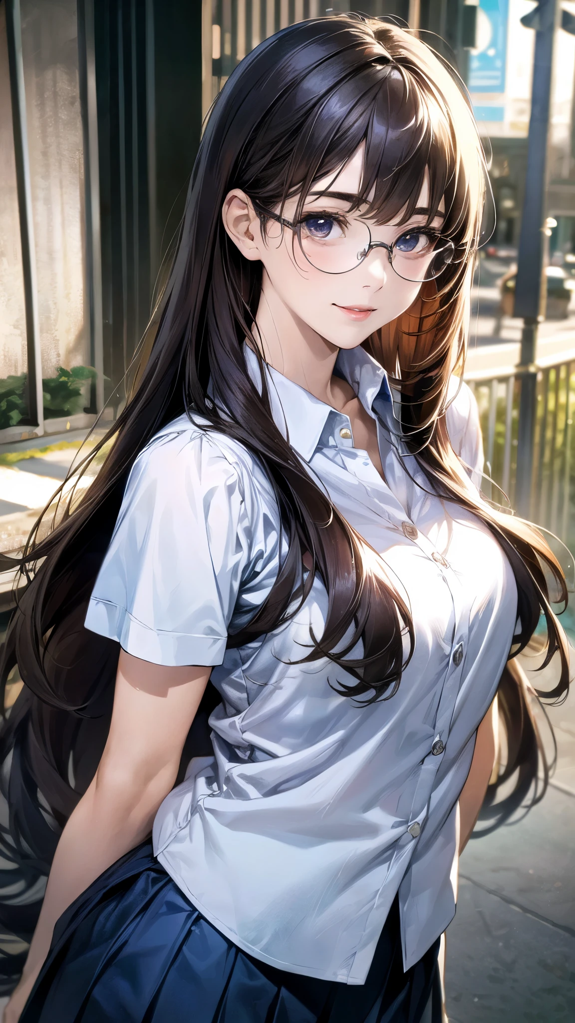 looking at viewer,high school girl,leaning forward,(random school uniform),(random Lively pose),(Thin type),(large breasts),(random hairstyle),(Highest image quality, (8K), Ultra-realistic, Best Quality, High quality, High Definition, high quality texture, high detailing, Beautiful detailed, fine detailed, extremely details CG, Detailed texture, realistic representation of face, masterpiece, presence),(wearing glasses:1.1)