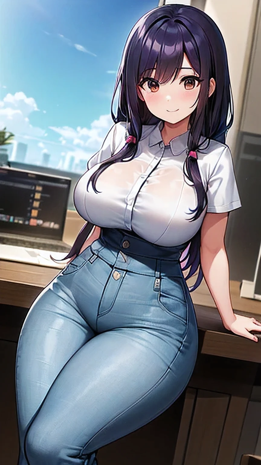 (8k, RAW foto, mejor calidad, (Obra maestra, super high quality, super detailed), anime style chica joven, random color of hair and style Absoluto, detalles intrincados, Mujer arafed apoyada en un escritorio con tres pantallas de computadora., showing stock charts, En frente de una computadora, sentado en una computadora desk, mirando el monitor, sentado frente a la computadora, sentado en una computadora, Comercio, sentado en un escritorio, Proveedores, Comercio stocks, centrado en el centro, sentado en el escritorio, accurately portrayed, A confident, curvy woman with a captivating smile, Cuerpo completo ((manos finas y detalladas)), mostrando su figura y una cintura bien definida, culata, vista trasera