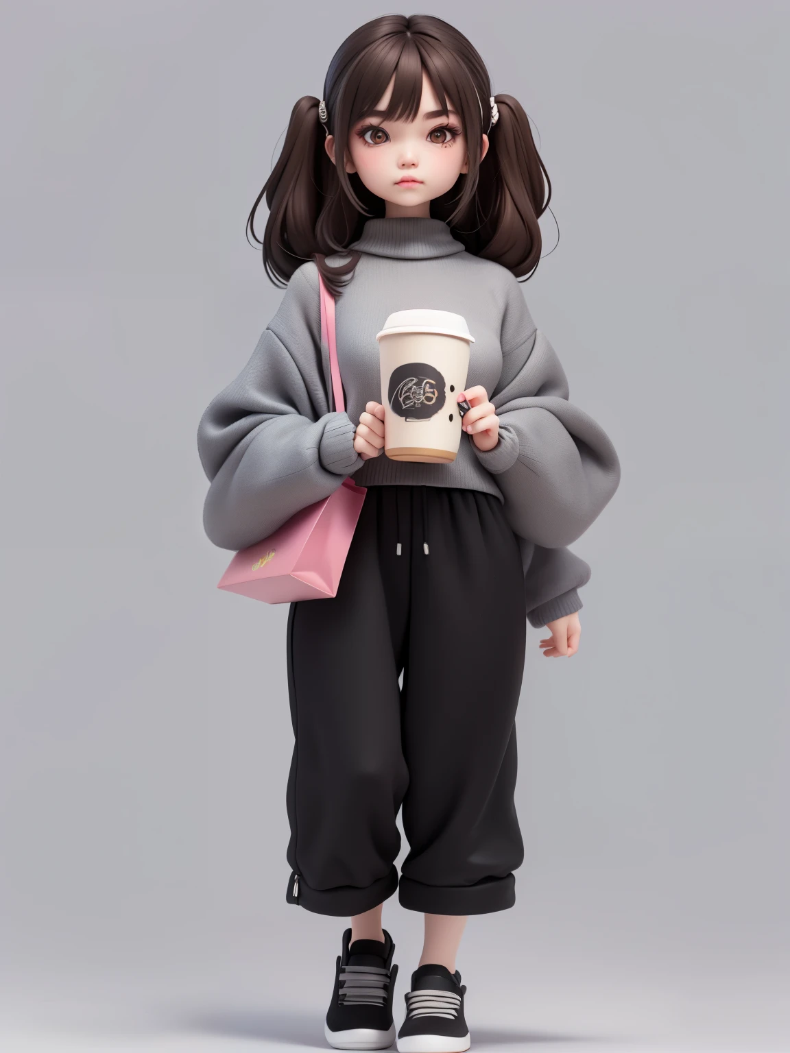 (masterpiece), (better quality), (Super detailed), (whole body: 1.2) Brunette, Black, Pajamas and grey sweater, Silly, Holding milk tea,whole body, :3, Black hair, long, take, fear, Modern, modern accessories, pastel tones background , Colorful and simple