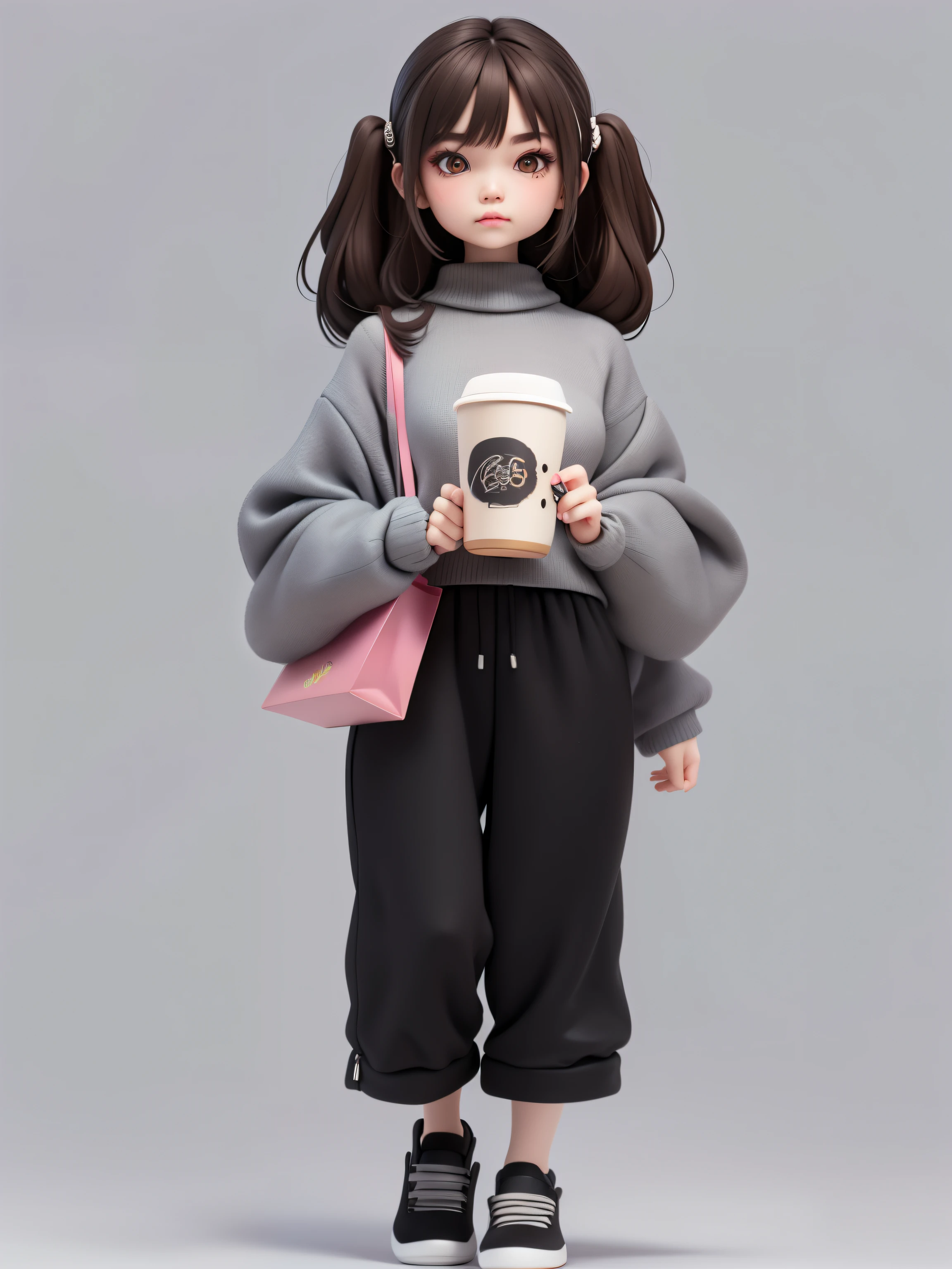 (masterpiece), (better quality), (Super detailed), (whole body: 1.2) Brunette, Black, Pajamas and grey sweater, Silly, Holding milk tea,whole body, :3, Black hair, long, take, fear, Modern, modern accessories, pastel tones background , Colorful and simple
