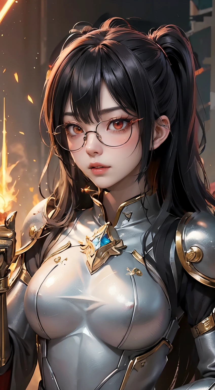 "(highest quality: 1.2), masterpiece, extremely detailed 8k uhd, ((Official Art)), CG, 1 Ultra-Detailed Goddess of War, A temple in the ruins of a ruined empire々Standing Up Together, (Dynamic posture: 1.3), Thick armor reveals the heart of the conflict, (Finer details), Shine光, Places with strong light, (armor of historical importance:1.2), Shine金属の鎧, (鎧にShine魔法のシンボル:1.3), (There was magic all around her.:1.3), Long black hair waving in the wind in every detail, Detailed Weapon Holding, (Sharp Sword, Shine:1.3), 決意とビジョンに満ち溢れたShine瞳, ((Silver Armor)), A shield that reproduces the symbol of immovability with ultra-precision., (intense expression:1.1), (After her, A new empire is soaring into the sky: 1.4), (Light is、Highlighting her dominance and rebirth behind the scenes:1.4), (Fiery red flags fluttered:1.1), (The wind carries whispers of new beginnings:1.1), (wisdom and rebirth:1.2), (Strong stance:1.2), (Overwhelming Mystical Power:1.2), alone, (Shine汗:1.1), gem armor, (The contrast between silver and gold:1.3), (The overall red color covers the scenery:1.4)"