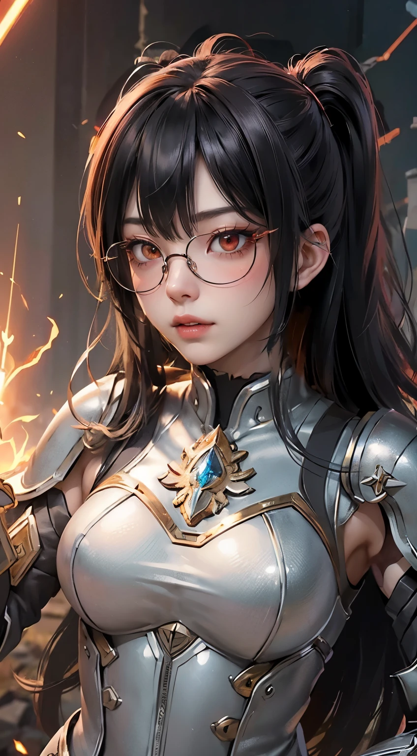"(highest quality: 1.2), masterpiece, extremely detailed 8k uhd, ((Official Art)), CG, 1 Ultra-Detailed Goddess of War, A temple in the ruins of a ruined empire々Standing Up Together, (Dynamic posture: 1.3), Thick armor reveals the heart of the conflict, (Finer details), Shine光, Places with strong light, (armor of historical importance:1.2), Shine金属の鎧, (鎧にShine魔法のシンボル:1.3), (There was magic all around her.:1.3), Long black hair waving in the wind in every detail, Detailed Weapon Holding, (Sharp Sword, Shine:1.3), 決意とビジョンに満ち溢れたShine瞳, ((Silver Armor)), A shield that reproduces the symbol of immovability with ultra-precision., (intense expression:1.1), (After her, A new empire is soaring into the sky: 1.4), (Light is、Highlighting her dominance and rebirth behind the scenes:1.4), (Fiery red flags fluttered:1.1), (The wind carries whispers of new beginnings:1.1), (wisdom and rebirth:1.2), (Strong stance:1.2), (Overwhelming Mystical Power:1.2), alone, (Shine汗:1.1), gem armor, (The contrast between silver and gold:1.3), (The overall red color covers the scenery:1.4)"