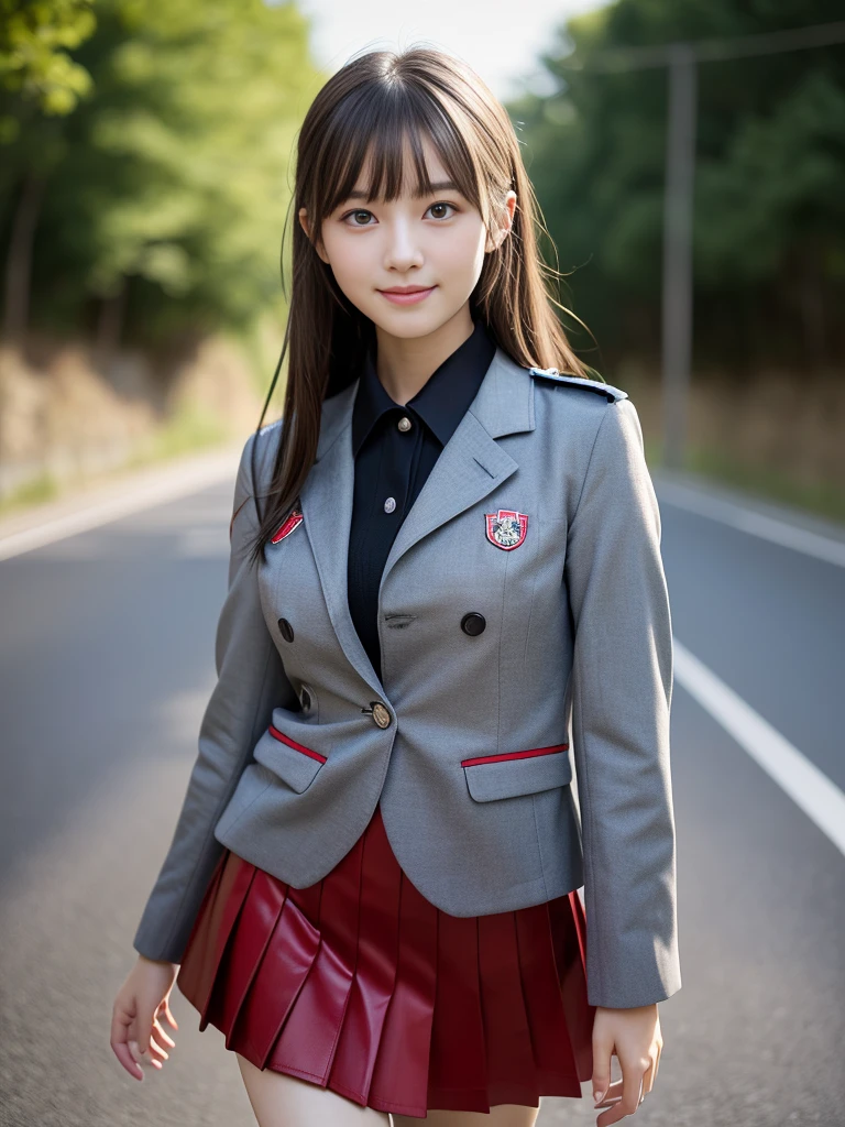 (the girl has light gray eyes:1.5)、(Close-up portrait of a slender girl with large breasts、Wearing a black blazer uniform with a red trimmed collar and a black skirt、I have long gray hair with flowing bangs.。:1.5)、(A girl walking with a small smile on a Japanese country road:1.5)、(Girl in uniform with black blazer and red trimmed collar:1.5)、(Blurred Background:1.5)、(Perfect Anatomy:1.5)、Photorealistic、Raw photo、Tabletop、highest quality、High resolution、Delicate and beautiful、Perfect Face、Beautiful fine details、Fair skin、Real human skin、((Thin legs))