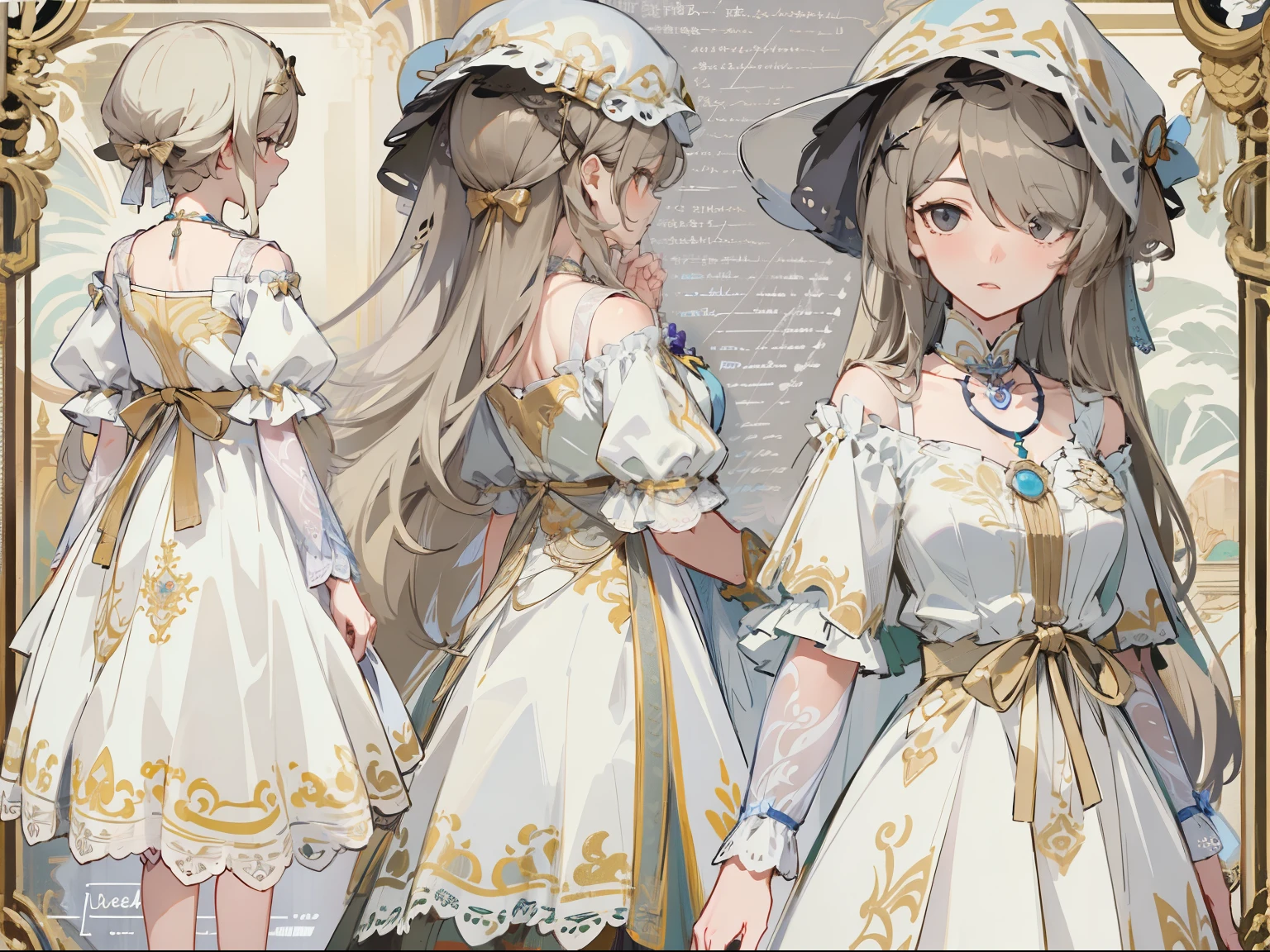 (Masterpiece, best quality) detailed, Detailed face, one eye covered by bangs, character sheet, full bodyesbian, many items (same person, dress, necklace, lace, bow, shoes, decoration, many parts), aristocratic woman, gentle, good-looking skirt, full of details, clear outfit design