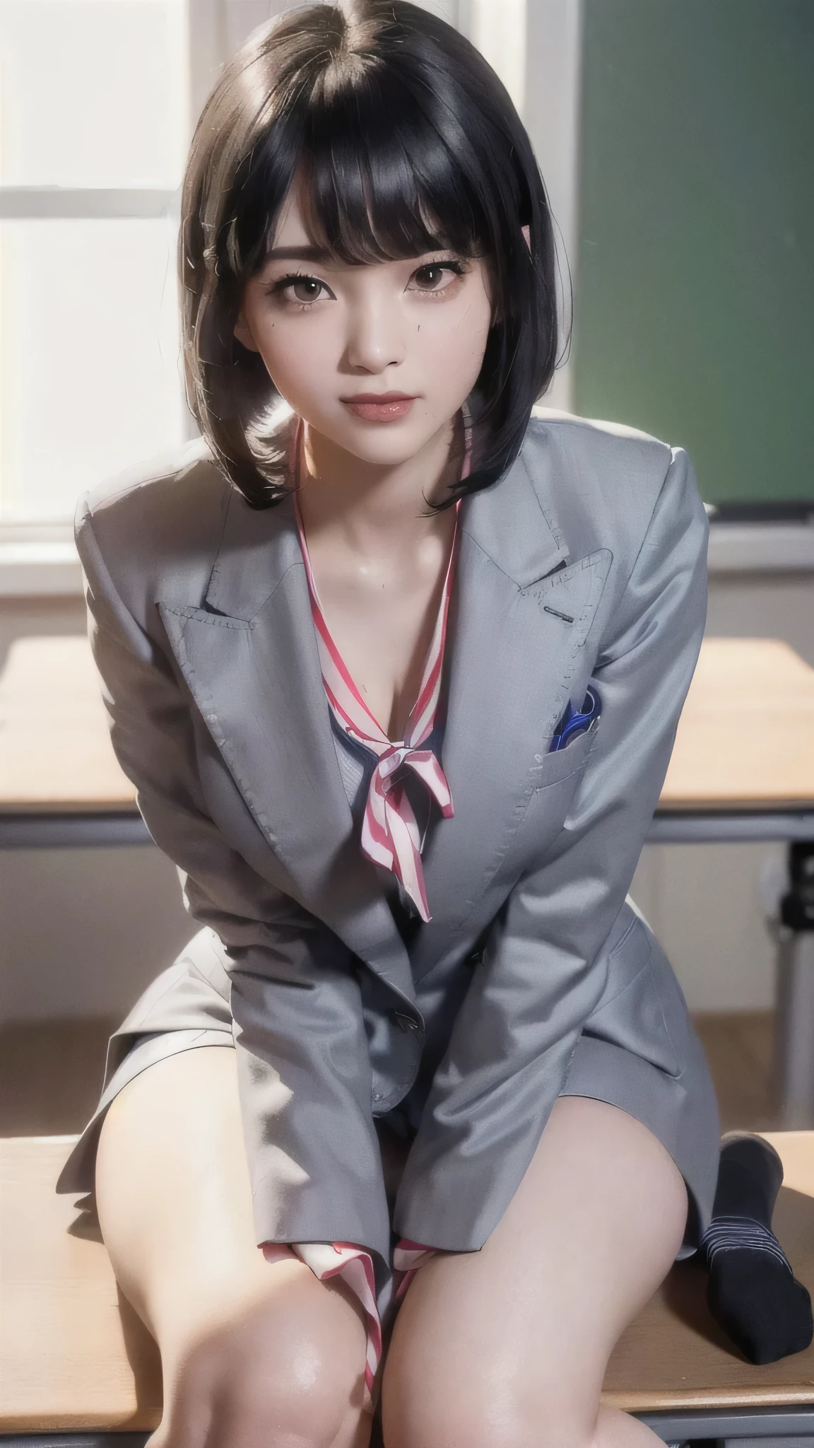 ((8k, RAW photos, top quality, masterpieces), high-definition RAW color photos professional close-up photos, (realistic, photorealism: 1.37), (highest quality), (best shadows), (best illustrations), collarbones ((big)), ((erotic, sexy, ultra high resolution, high-definition CG unified 8K wallpapers, physically based rendering, movie lighting), (aegyo sal:1), 18 year old girl, (grey blazer, ribbon, socks, high school uniform: 1.2), high school classroom, beautiful detail eyes, light on the face, ((full body shot: 1.2)), especially strong light, (upper eyes, grinning smile:1.2),shiny skin, (((black hair, bob hair:1.2))), ( thick thighs), ulzzang-6500-v1.1:0.2, shy, (flash:1.2), NSFW , (puffy), ((seductive posture: 1.2, attractive: 1.2)), (idle), (sitting at a desk in classroom: 1.2)), ((good anatomy: 1.2)), ((bright and refreshing classroom, background blurred: 1.2)), perfect face, cute face, (high angle shot:1.2)