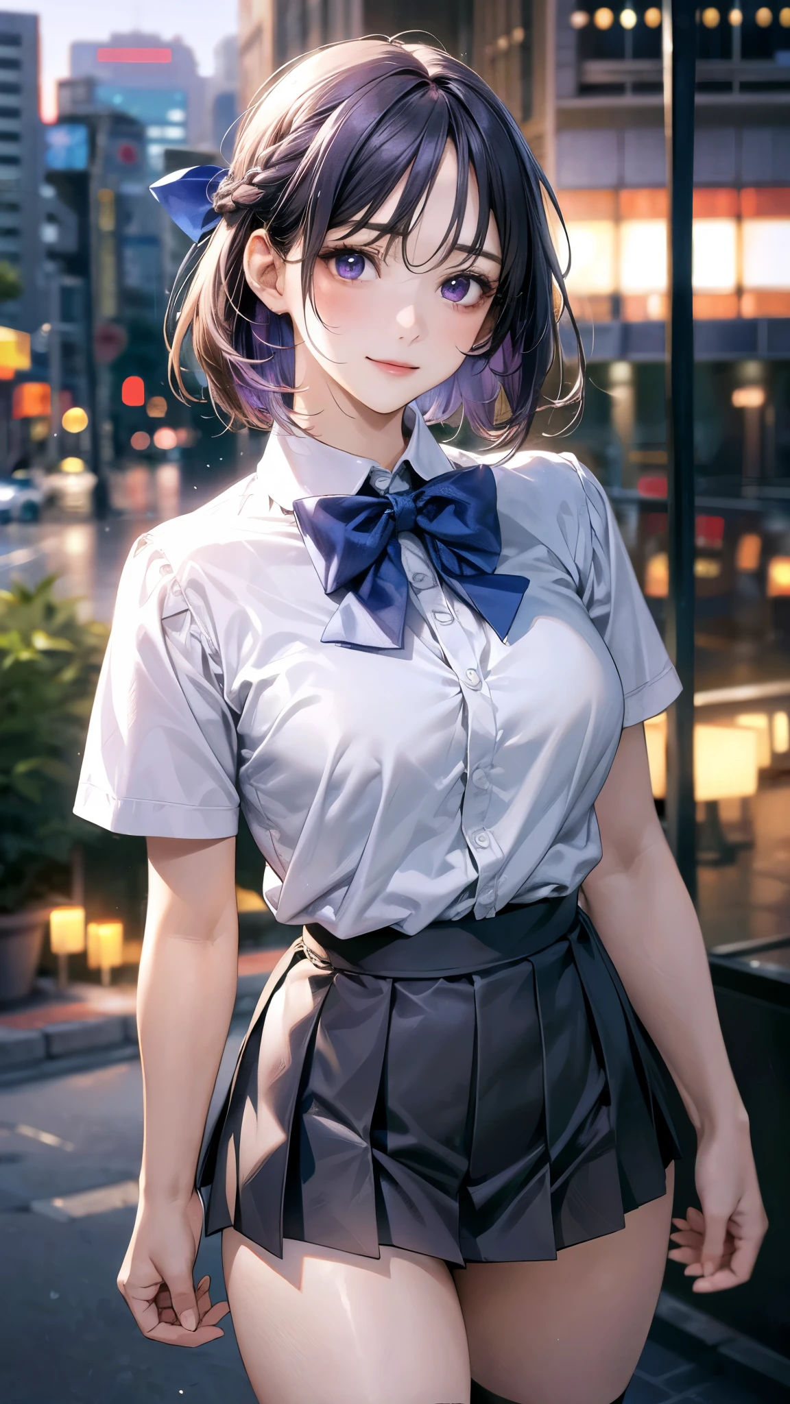 (masterpiece:1.2, top-quality), (realistic, photorealistic:1.4), beautiful illustration, (natural side lighting, movie lighting), nsfw,
looking at viewer, cowboy shot, front view:0.6, 1 girl, japanese, high school girl, perfect face, cute and symmetrical face, shiny skin,
(short hair:1.2, messy hair:1.2, braid:1.0, purple hair), hair between eyes, purple eyes, long eye lasher, (large breasts:0.7, thick thighs),
beautiful hair, beautiful face, beautiful detailed eyes, beautiful clavicle, beautiful body, beautiful chest, beautiful thigh, beautiful legs, beautiful fingers,
((white collared shirts, grey pleated mini skirt, black socks, blue bow tie)),
(beautiful scenery), evening, riverside, walking, hands on chest, (lovely smile, upper eyes),