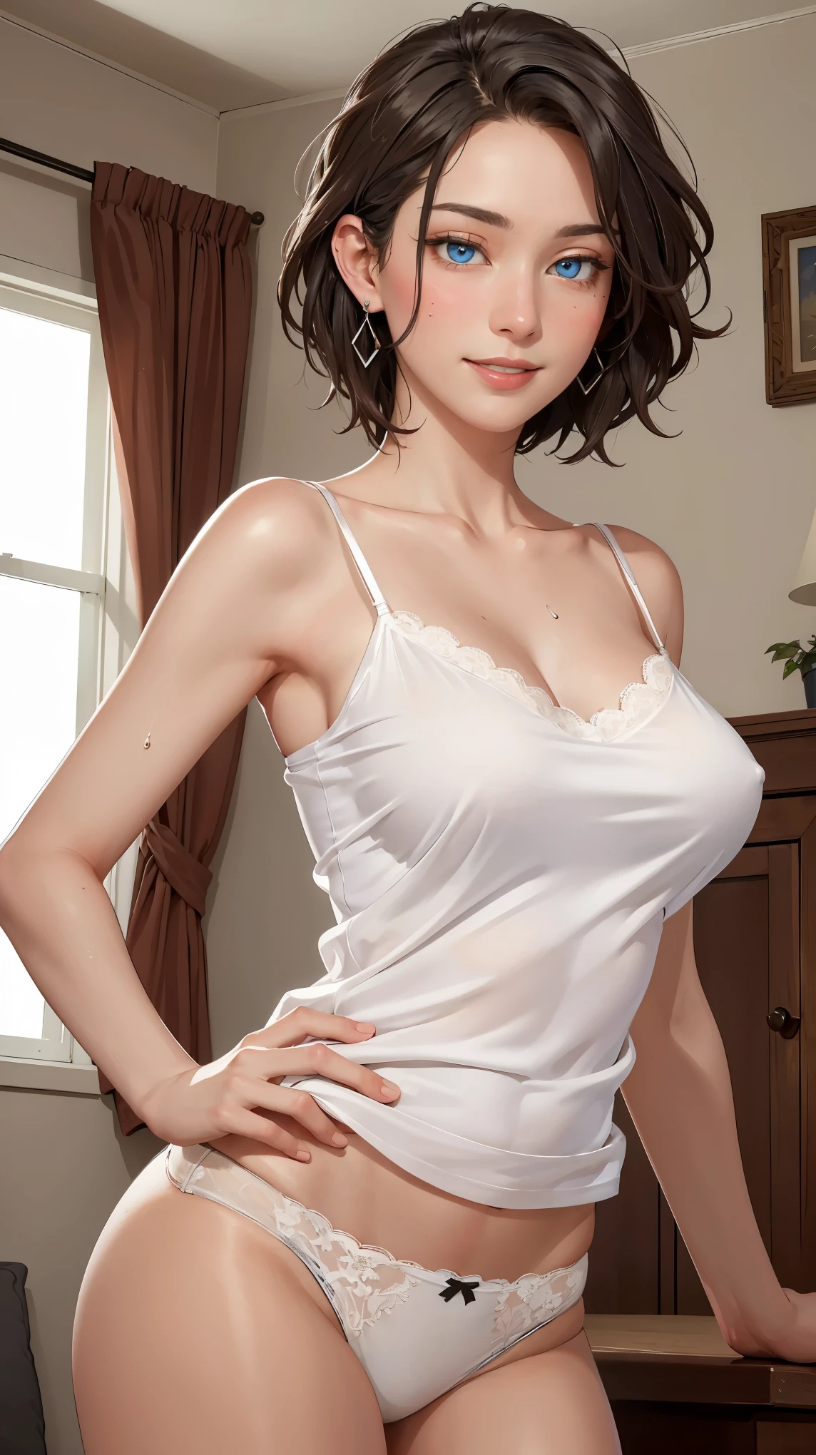 ((((masterpiece, best quality, high resolution)))), Extremely detailed 8K, Beautiful girl with voluptuous body, (Ultra HD, Ultra-detailed, Highly detailed, Highly realistic, Ultra-realistic, photograph realistic), (1girl:1.5), (Realistic black hair), (short wavy hair, earrings), (dynamic poses), facing at camera, looking at viewer, (blushing red, embarrassed, smile), (blue eyes, sharp eyes), (perky breasts:1.2), (beautiful detailed face, beautiful detailed eyes), ((white silk camisole, lace panties)), (standing up), sweat, glow, (sunbeam, sunlight), ((cowboy shot)), bedroom, seductive