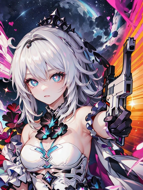 (masterpiece), best quality, expressive eyes, perfect face, 1girl, (kiana kaslana from honkai impact), looking at viewer, starrystarscloud, colorful, more prism, vibrant, colorful, badass art, (pointing gun at viewer), pointing gun at viewer, starrystarscloudcolorful, herrscher of finality, ponytail, hair ornament, white dress, gloves, shooting at viewer 