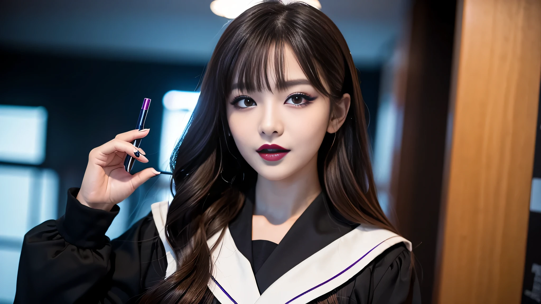 best quality、ultra-detailed、4k、Japanese、Seductive beauty、seductive adult woman、Pretty Woman、cool girl、Villainess、Brainwashed、brainwash、Fallen into evil、smirk、Evil look、Wicked Smile、evil、Brown hair、wavy hair、swept bangs、dark makeup、dark makeup、piercing eyes、hollow eyes,half-closed eyes、Hollow Eyes、purple Eyeshadow、black lipstick、black lipglos、Female student、uniform、Sailor suit、night、inside darkroom、Seduce、Applying lipstick、