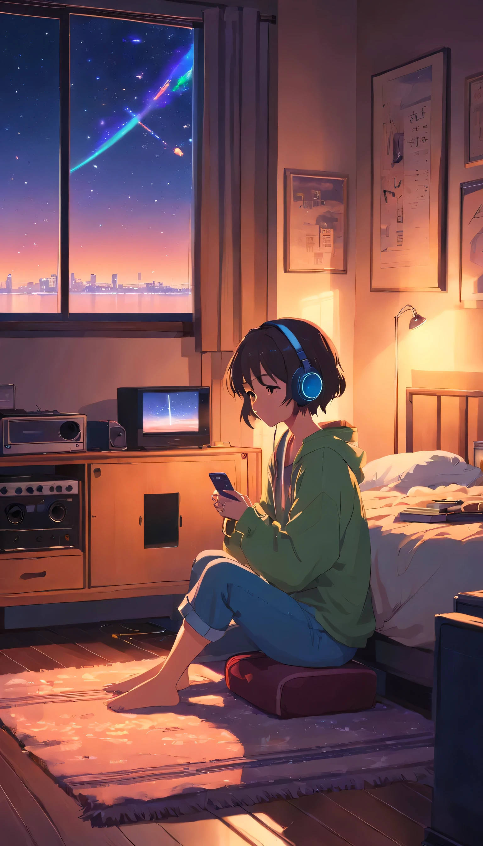 imagem perfeita, 8k, Girl listening to music in a cozy room at night, Usando fones de ouvido, Anime estilo 2D, Lo-fi, disco Rigido, Ambiente escuro, Cuddled with her boyfriend,