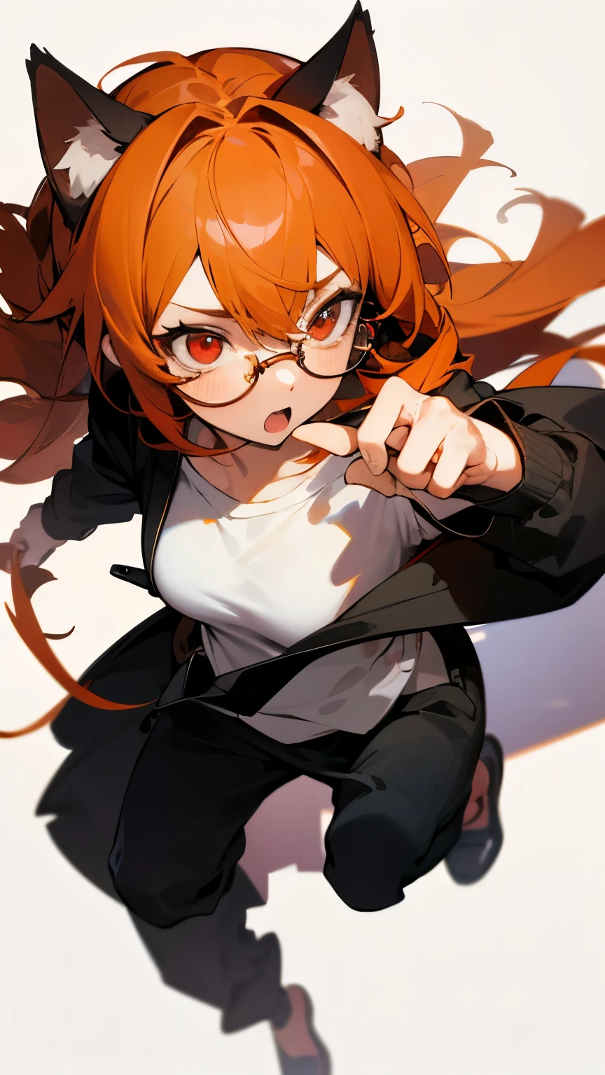 ((best quality)), ((masterpiece)), (detailed), perfect face, 1girl, solo, young, scared, full body, white shirt, black hoodie, cat ears, eyeglasses, red eyes, orange hair, long hair