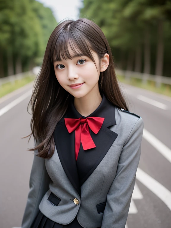 (the girl has light gray eyes:1.5)、(Close-up portrait of a slender girl with large breasts、Wearing a black blazer uniform with a red trimmed collar and a black skirt、I have long gray hair with flowing bangs.。:1.5)、(A girl walking with a small smile on a Japanese country road:1.5)、(Girl in uniform with black blazer and red trimmed collar:1.5)、(Blurred Background:1.5)、(Perfect Anatomy:1.5)、Photorealistic、Raw photo、Tabletop、highest quality、High resolution、Delicate and beautiful、Perfect Face、Beautiful fine details、Fair skin、Real human skin、((Thin legs))