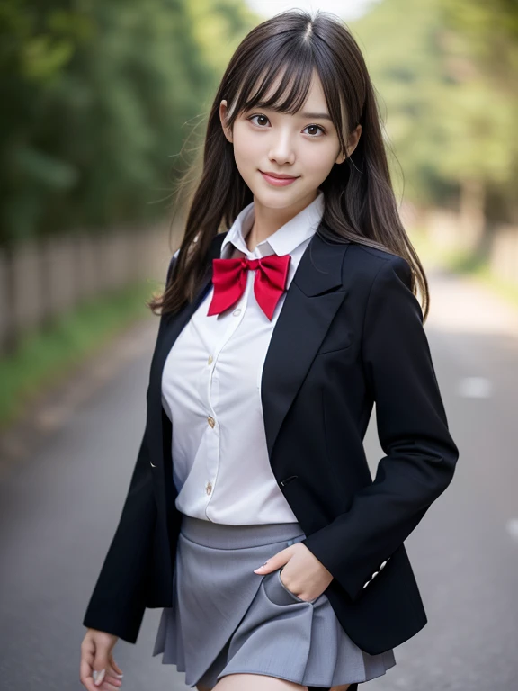 (the girl has light gray eyes:1.5)、(Close-up portrait of a slender girl with large breasts、Wearing a black blazer uniform with a red trimmed collar and a black skirt、I have long gray hair with flowing bangs.。:1.5)、(A girl walking with a small smile on a Japanese country road:1.5)、(Girl in uniform with black blazer and red trimmed collar:1.5)、(Blurred Background:1.5)、(Perfect Anatomy:1.5)、Photorealistic、Raw photo、Tabletop、highest quality、High resolution、Delicate and beautiful、Perfect Face、Beautiful fine details、Fair skin、Real human skin、((Thin legs))、(Big Breasts)