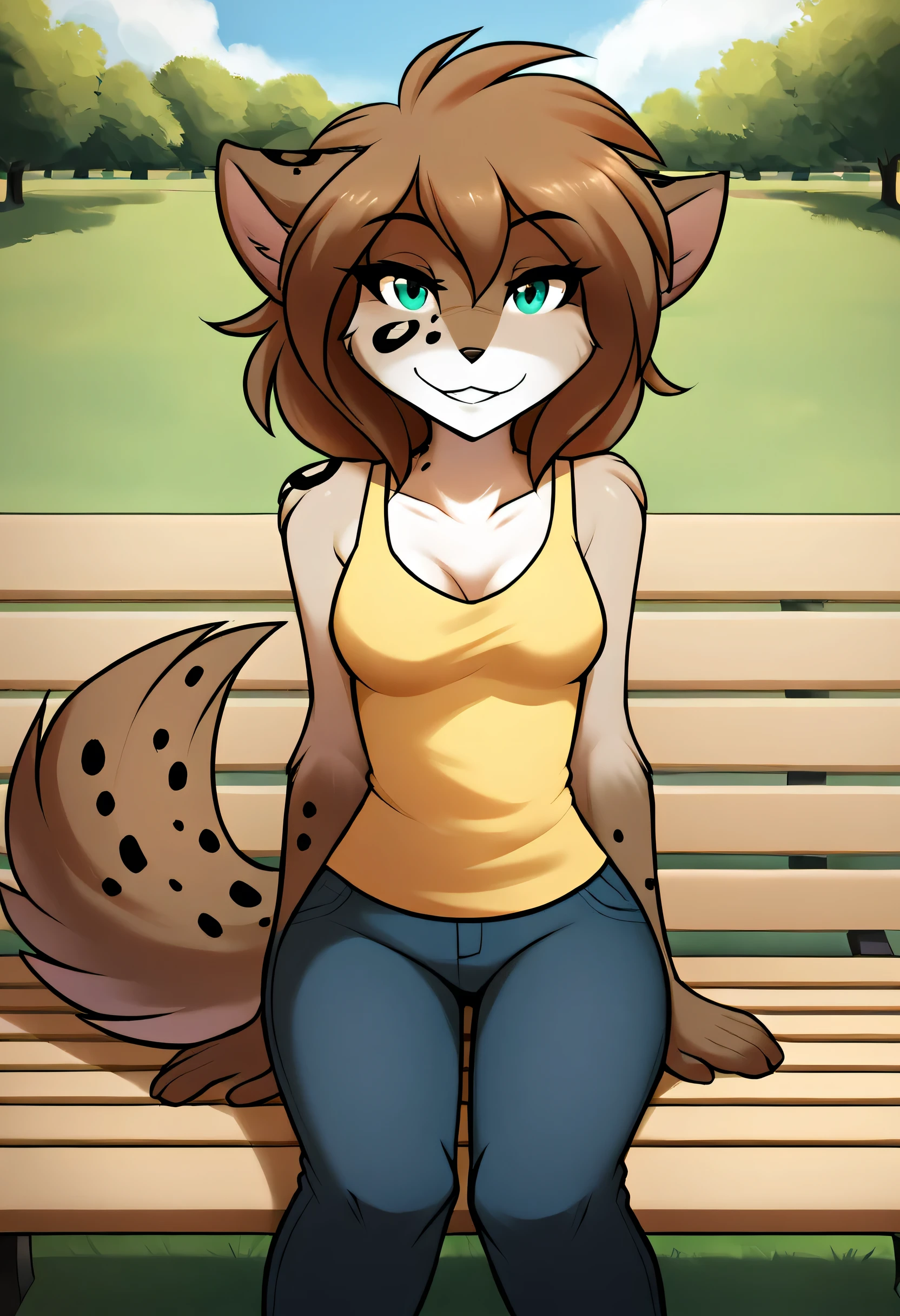 whisperfoot style, score_9, score_8_up, score_7_up, score_6_up, score_5_up, score_4_up, rating_safe, source_furry, a female anthro fluffy, 1girl, solo, female, furry, anthro, fluffy tail, medium breasts, teeth, tkkathrin, kathrin vaughan, kathrin vaughan twokinds, spotted fur, emerald eyes, teal eyes, anthro. looking at viewer, (in park, sitting on bench, detailed background:1.1), 