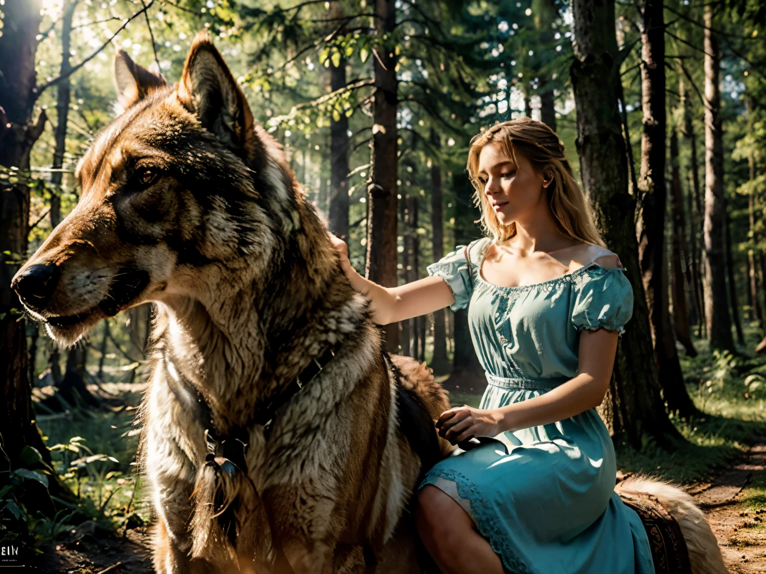(best quality,4k,8k,highres,masterpiece:1.2),ultra-detailed,(realistic,photorealistic,photo-realistic:1.37),Blonde girl with short hair riding a wolf,illustration [fantasy],vibrant colors,soft lighting,enchanted forest,hazy atmosphere,mystical,ethereal dress,wild,untamed,flowing mane and tail,quiet confidence,strong bond between girl and wolf,adventure awaits
