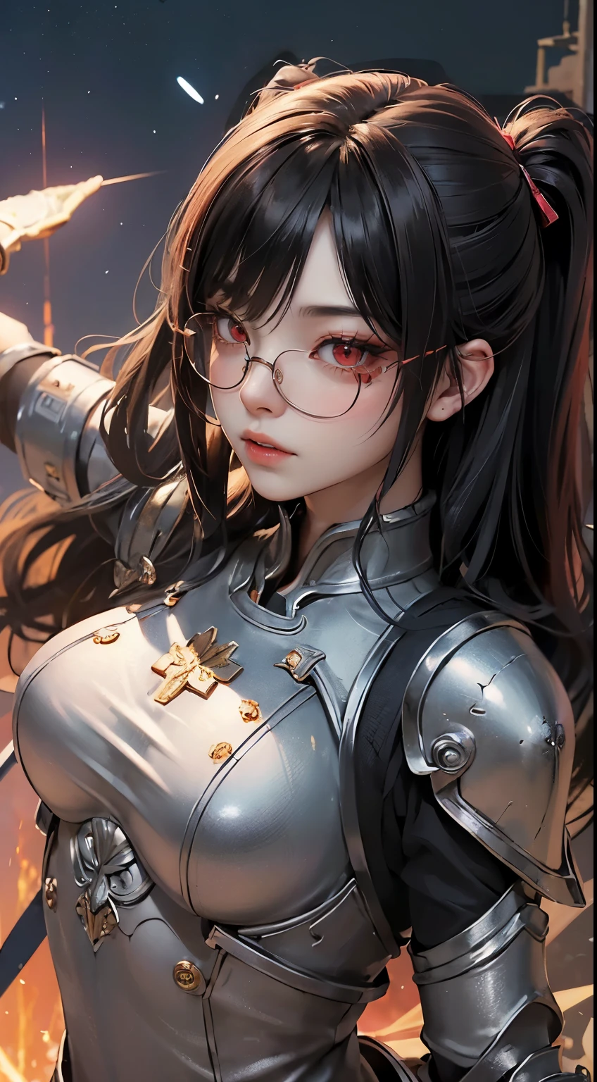 Are you okay、(best illustrations)、8k UHD resolution、intricate details、highest quality、realistic、super detailed、best lighting、best shadow、soft lighting、ultra hd、Super realistic、Tyndall effect、Photoreal、(high detail skin:1.2)、 (intricate details, compensate, Pueros face_V1:0.5), (Beautiful and delicate face in every detail, Fine, beautiful and delicate eyes, perfectly proportioned face, high definition skin, fine skin, Optimal ratio of 4 fingers and 1 thumb, arm under chest, お腹の下にredく光るタトゥー、Wow wow, wide hips, smooth abdomen, skin is thin and thin, __fashion__, __hair__:1.25)、Digital single-lens reflex camera、 不条理なrealistic作品: 1.3), (maximum resolution: 1.2), (Ultra HDTV: 1.2), cinematic light, fine eyes and skin, detailed facial features, , (sharp focus: 1.2), (focus on face:1.2),perfect style, beautiful face, acura, anatomically correct, Highly detailed face and skin texture, fine eyes, double eyelid, thin eyebrows, glitter eyeliner: 1 natural cheeks, Glossy skin, Fair skin: 1.2, (glossy lips: 1.4),(embarrassed look: 1.2),Highly detailed face and skin texture, fine eyes, double eyelid, natural cheeks, glossy lips: 1.4,exposed cleavage、Bewitching。redちゃんの顔、fascinating、chest enhancement、((((giant glasses, otaku glasses, thick glasses, round glasses)))),The long-haired、Braid hair、Ponytail distortion、, Ponytail with a bow tied at the back of the hair, Huge solemn expression、body up、big breasts emphasis, super tight chest, Breast augmentation surgery, Breasts are very big and round,tight waist、 Meeting beautiful girls, look at the girl's body, in the dark、bat wings,(((little devil horns)))、(devil's tail)、(detailed spooky background:0.8)、devil girl,wear armor made of skeletons,Long grey hair,美しく繊細なスカル装飾とredく光る蛍光グリーンの魔剣,emits eerie demonic flames,contour light,green色のフラッシュ粒子,Translucent magic sword,Waist Guard, hand guard, veil, Hold a long sword in front of your body, ancient Chinese style, night, dramatic composition, Surroundings of Kenki, Ultra-detailed Goddess of War, (dynamic posture: 1.3), Thick armor reveals the heart of the conflict, (Are you okay detail), shine光, Strong light area, (armor of historical importance:1.2), glittering metal armor, (Magic symbols shine on armor:1.3), (A magical spell swirled around her.:1.3), Long white hair waving in the wind in every detail, Details on how to hold a weapon, (sharp sword, shine:1.3), ((silver armor)), (intense expression:1.1), (The light is、、Highlighting her dominance and rebirth behind the scenes:1.4), (wisdom and rebirth:1.2), (Strong stance:1.2), (Overwhelming Mystical Power:1.2), (sparkling sweat:1.1), jeweled armor, (The contrast between silver and gold:1.3),wear armor made of skeletons、There was a woman in armor with a sword and helmet....., Cute Female Knight,beautiful knight, Portrait of a female paladin, girl in knight's armor, Female knight wearing skeleton armor, Impressive armor, female paladin, red Eyes, vampire tooth fangs, Boolean surface, blood from the mouth, grin,bat wings, scared smile, Psychopath Smile, Psychopath Smile, scared, verbal assistance, angry eyes, vampire, Dark sky background, red + green + green, shineredい月、, sexy light yellow nightgown, for a long time, Felt Saint's sheer nightgown with lots of exciting black lace details, The legend of the holy goddess, saint icon, Beautiful saint style with elegant shine, dark and mysterious version, Crown of the Holy Feminine, royal ceremony, Jewel Tiara, redと金の火花が眩しい, royal coat of arms, Golden Scepter, Golden rays,Energy ball between solder gears、energy balls flying around、spark of light、explosion、