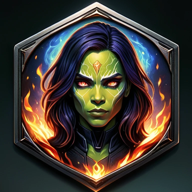 Type de badge,Seulement badge,Insigne de type gamora,Seulement,regarder le spectateur,yeux bleus,1girl,foyer masculin,pas d'humains,glowing,fond noir,portrait,tout droit,fire,long hair
