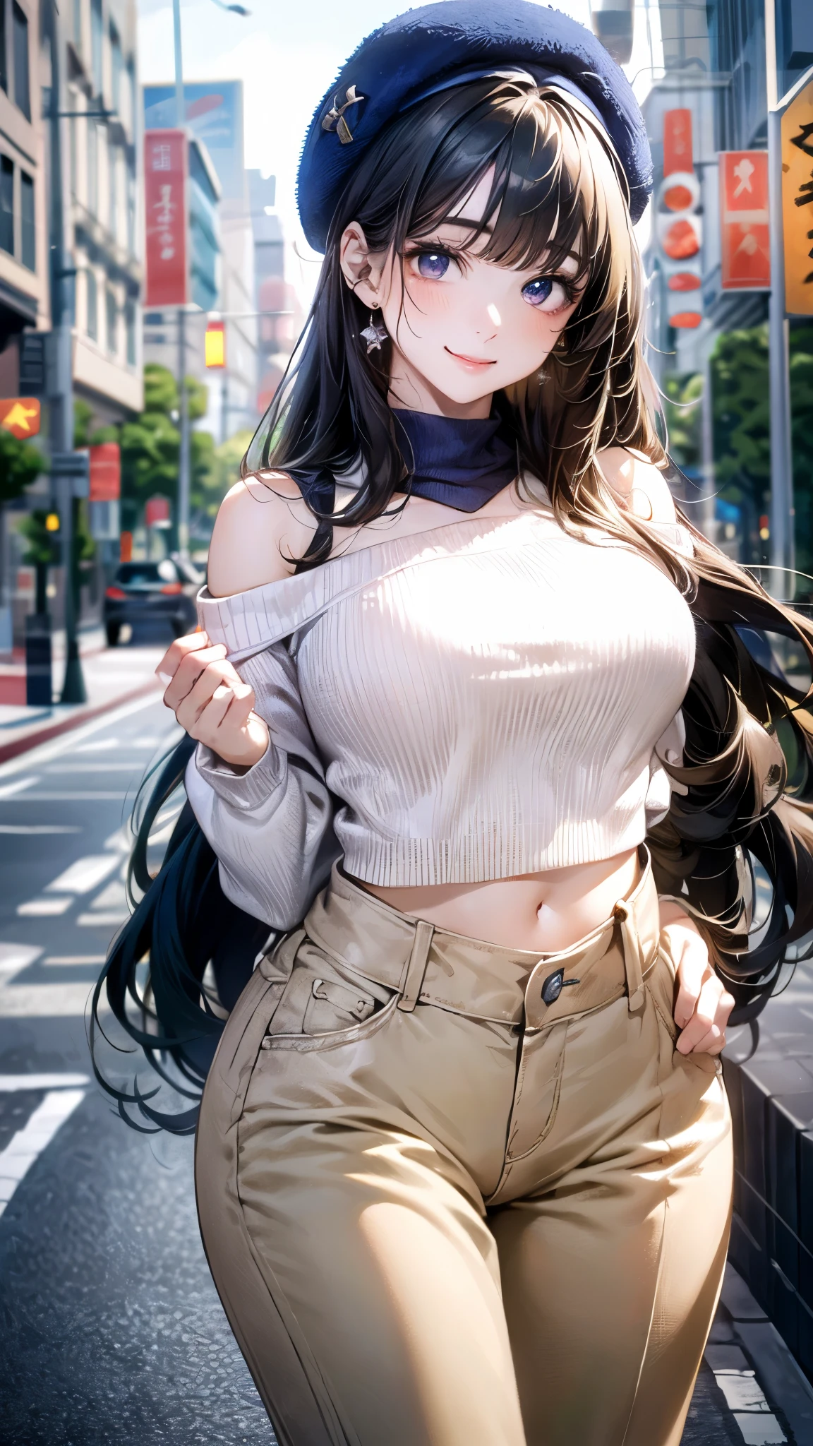 (masterpiece:1.3, top-quality, ultra high res, ultra detailed), (realistic, photorealistic:1.4), beautiful illustration, perfect lighting, natural lighting, colorful, depth of fields, surrealism,
beautiful detailed hair, beautiful detailed face, beautiful detailed eyes, beautiful clavicle, beautiful body, beautiful chest, beautiful thigh, beautiful legs, beautiful fingers,
looking at viewer, 1 girl, japanese, high school girl, (perfect anatomy, anatomically correct), cute and symmetrical face, face, perfect face, perfect eyes, shiny skin,
(long hair:1.8, hime cut:1.1, black hair, blunt bangs), gray eyes, big eyes, slant eyes:1.2, long eye lasher, (large breasts:0.8, seductive thighs),
((midriff, long sleeve, beige cold shoulder sweater, midnightblue paperbag waist pants, navy beret)),
(beautiful scenery), summer, evening, (pedestrian bridge), dynamic pose, (happy smile),