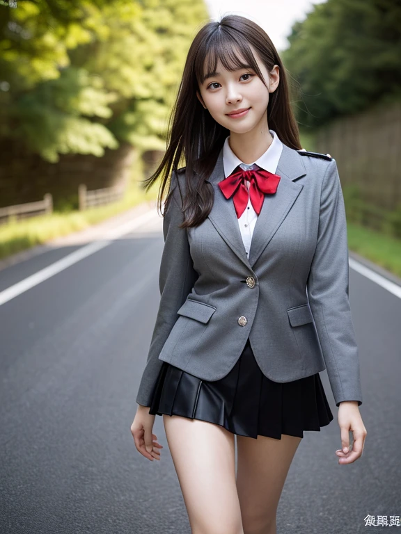 (the girl has light gray eyes:1.5)、(Close-up portrait of a slender girl with large breasts、Wearing a black blazer uniform with a red trimmed collar and a black skirt、I have long gray hair with flowing bangs.。:1.5)、(A girl walking with a small smile on a Japanese country road:1.5)、(Girl in uniform with black blazer and red trimmed collar:1.5)、(Blurred Background:1.5)、(Perfect Anatomy:1.5)、Photorealistic、Raw photo、Tabletop、highest quality、High resolution、Delicate and beautiful、Perfect Face、Beautiful fine details、Fair skin、Real human skin、((Thin legs))、((Big Breasts))、Young face、、Uniforms that reveal the shape of your breasts