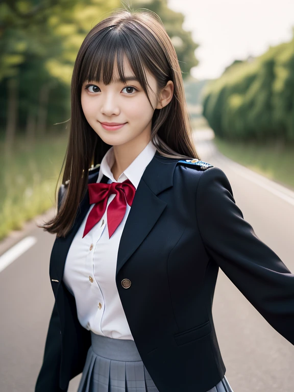 (The female has light grey eyes:1.5)、(Close-up portrait of a slender large-breasted woman、Wearing a black blazer uniform with a red trimmed collar and a black skirt、I have long gray hair with flowing bangs.。:1.5)、(A woman walking along a Japanese country road with a small smile:1.5)、(A woman in a uniform with a black blazer and red-rimmed collar:1.5)、(Blurred Background:1.5)、(Perfect Anatomy:1.5)、Photorealistic、Raw photo、highest quality、High resolution、Delicate and beautiful、Perfect Face、Beautiful fine details、Fair skin、Real human skin、((Thin legs))、((Huge breasts:1.5))、((Young face 1.5))、((Small woman:1.4))、A smile showing beautiful teeth、(The whole body is shown:1.4),(Do not expose your breasts)