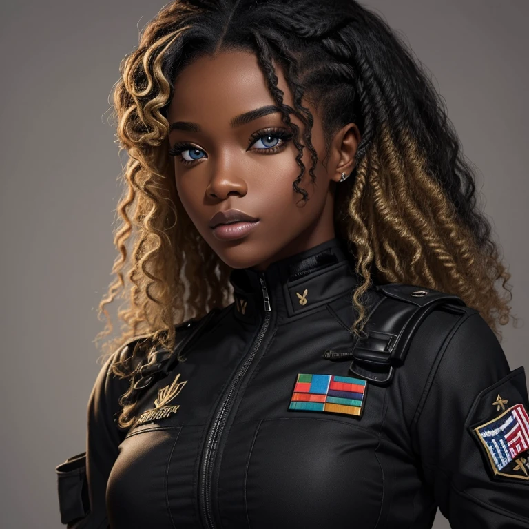 Ultra detailed drawing, a very beautiful black military woman, corps fantasmatique, belle forme, yeux hypnotisant, tenue camouflage, cheveux curly noir mèche blonde.