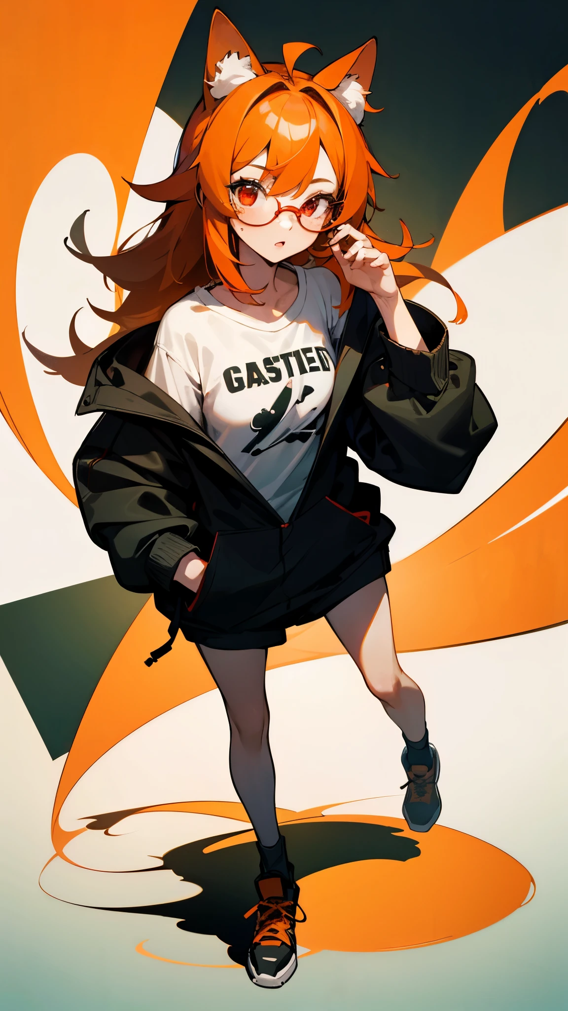 ((best quality)), ((masterpiece)), (detailed), perfect face, 1girl, solo, cute, kawai, full body, white shirt, black hoodie, cat ears, eyeglasses, red eyes, orange hair, long hair