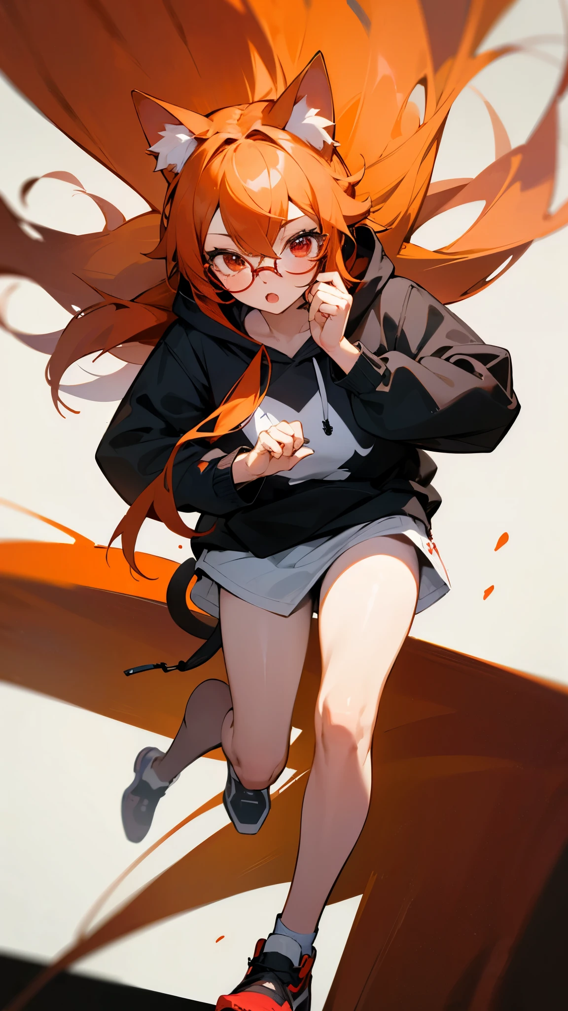 ((best quality)), ((masterpiece)), (detailed), perfect face, 1girl, solo, cute, kawai, full body, white shirt, black hoodie, cat ears, eyeglasses, red eyes, orange hair, long hair