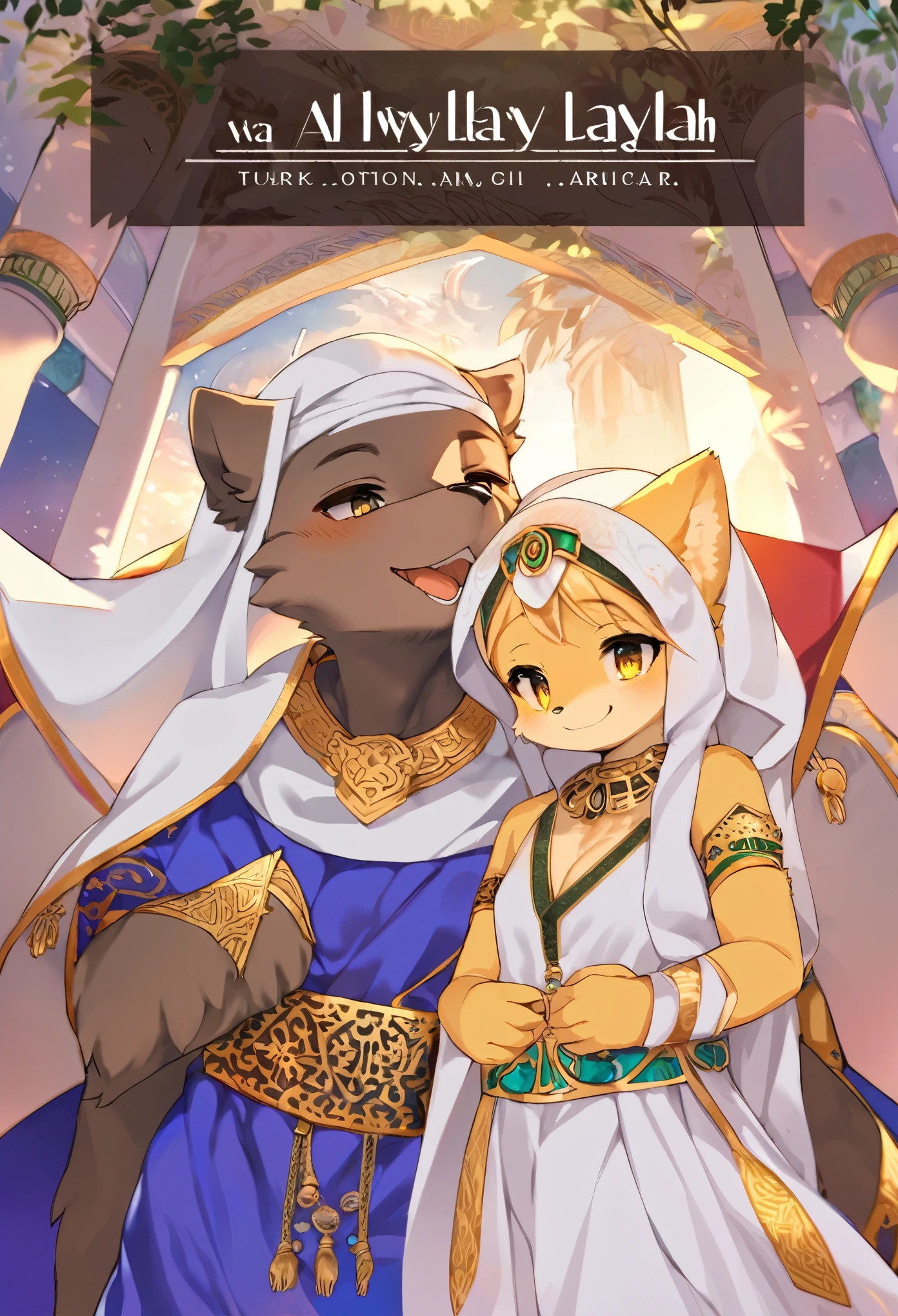 doujinshi cover_page, highres, top quality, best quality, paid reward available, unparalleled masterpiece, perfect artwork, absurdres, High-quality illustrations, super high resolution, detailed background, perfect anatomy(1girl, 1boy, couple, kemono, furry anthro, fearless smile, Arab national costume, love romance)The Arabian Nights, Alf Laylah wa Laylah,