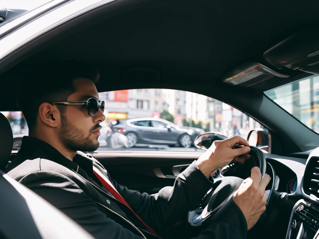 man in sunglasses driving car in the city, looking serious, facing the camera.