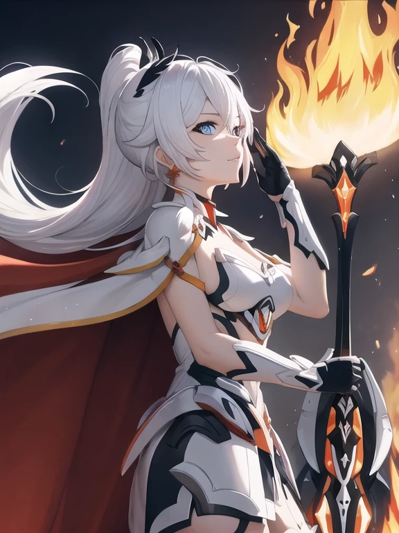 Masterpiece, best quality, expressive eyes, perfect face, 4k, highres, smile, more prism, vibrant color, ARMOR, valkyrie, kiana_flamescion, armor, cape, fiery cape, kiana kaslana,