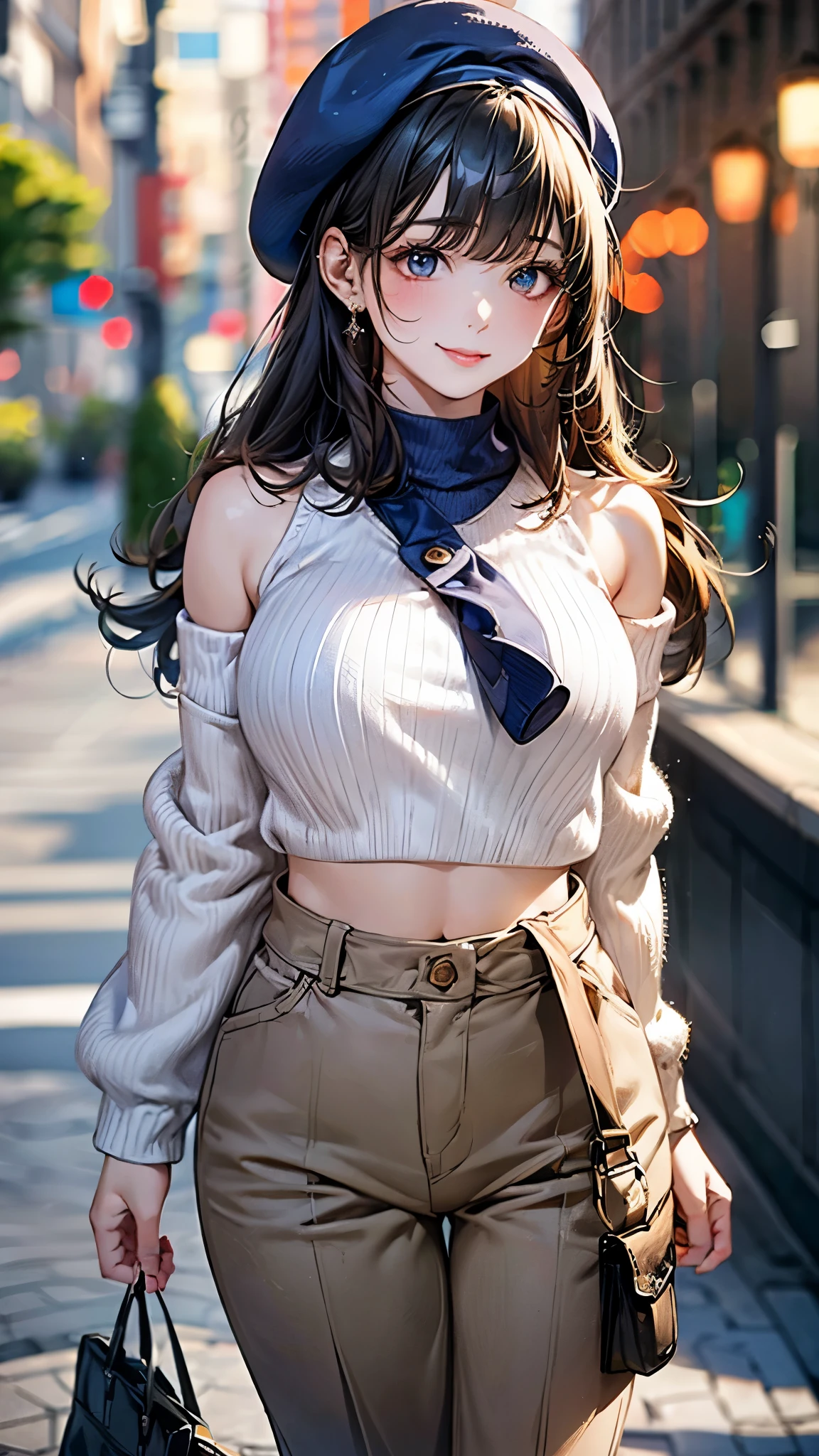 (masterpiece:1.3, top-quality, ultra high res, ultra detailed), (realistic, photorealistic:1.4), beautiful illustration, perfect lighting, natural lighting, colorful, depth of fields, surrealism,
beautiful detailed hair, beautiful detailed face, beautiful detailed eyes, beautiful clavicle, beautiful body, beautiful chest, beautiful thigh, beautiful legs, beautiful fingers,
looking at viewer, 1 girl, japanese, high school girl, (perfect anatomy, anatomically correct), cute and symmetrical face, face, perfect face, perfect eyes, shiny skin,
(long hair:1.8, hime cut:1.1, black hair, blunt bangs), gray eyes, big eyes, slant eyes:1.2, long eye lasher, (large breasts:0.8, seductive thighs),
((midriff, long sleeve, beige cold shoulder sweater, midnightblue paperbag waist pants, navy beret)),
(beautiful scenery), summer, evening, (pedestrian bridge), dynamic pose, (happy smile),