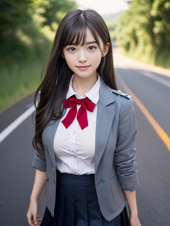 (the girl has light gray eyes:1.5)、(Close-up portrait of a slender girl with large breasts、Wearing a black blazer uniform with a red trimmed collar and a black skirt、I have long gray hair with flowing bangs.。:1.5)、(A girl walking with a small smile on a Japanese country road:1.5)、(Girl in uniform with black blazer and red trimmed collar:1.5)、(Blurred Background:1.5)、(Perfect Anatomy:1.5)、Photorealistic、Raw photo、Tabletop、highest quality、High resolution、Delicate and beautiful、Perfect Face、Beautiful fine details、Fair skin、Real human skin、((Thin legs))、((Big Breasts))、((Young face))、((Little Girl))、((Uniforms that reveal the shape of your breasts))