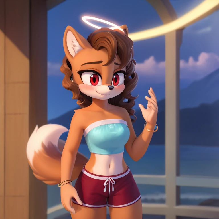 mobian, hedgehog, two-tone fur ((orange fur, brown fur)), pyjama elastic shorts, strapless crop top, cleavage, high-top sneakers, two-tone hair (brown hair, black tip)), curly hair, halo, sunglasses, jewelry, red eyes, longeyelashes, red eyes, smile, shy, blush, high detail, masterpiece, UHD, anatomically correct, super detail, highres, 4K