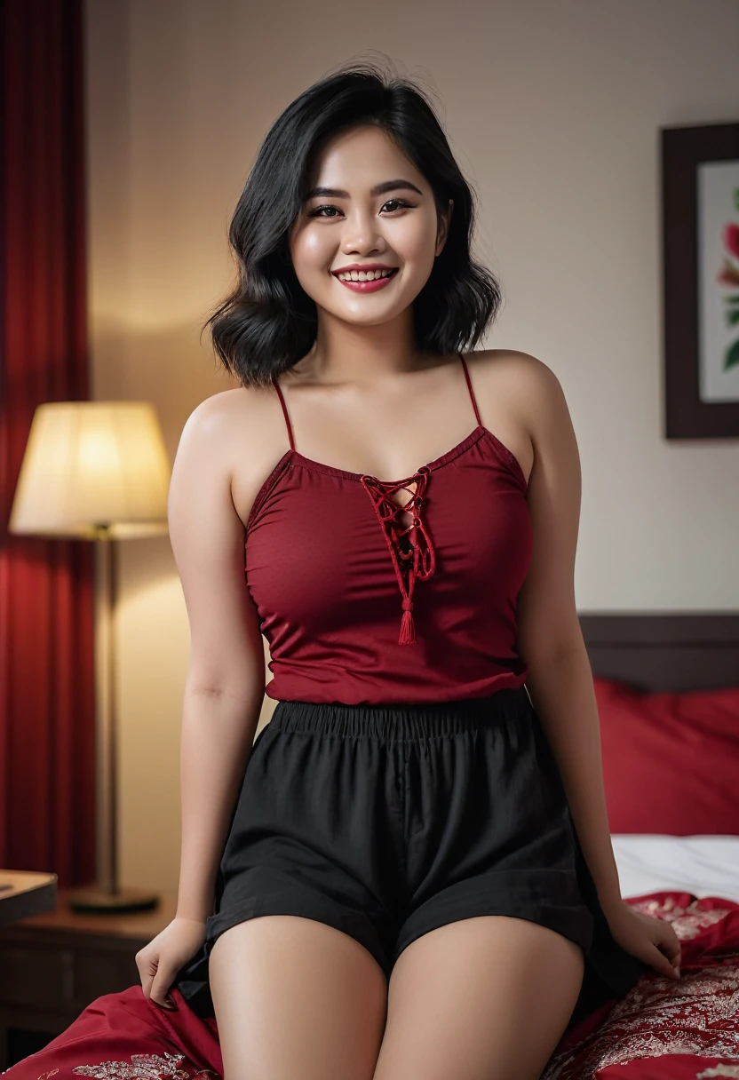 Indonesian Woman, age 20, dreamy white skin, a bit chubby, happiness, muscular body, wearing dark red casual string top dress, dark red shorts, medium wave black hair, barefoot, bedroom scene, seduce pose on CANON 5D Mark IV, 135mm Lens, photoshoot, Depth of Field, intricately detail, hyperrealistic texture, focused, photography, white colour lighting tone.