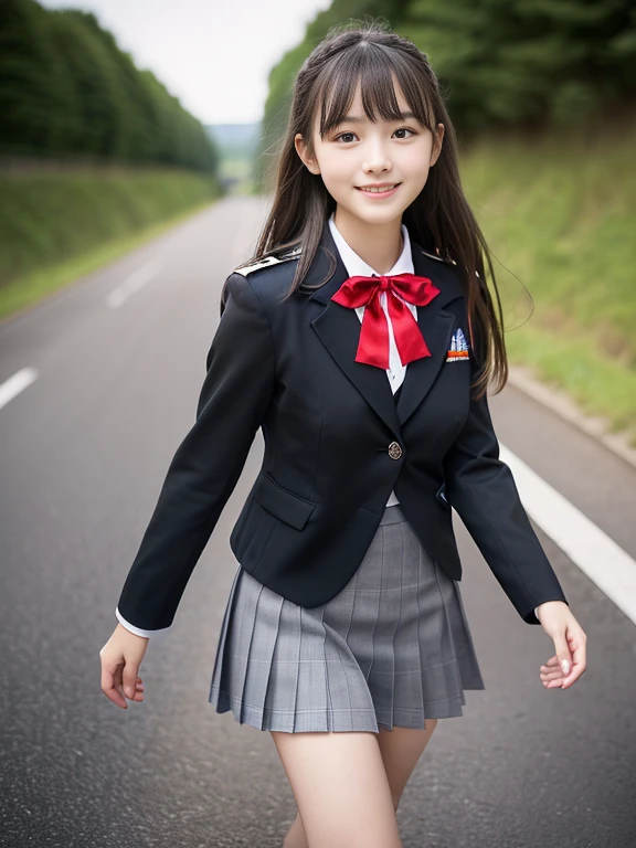 (the girl has light gray eyes:1.5)、(Close-up portrait of a slender girl with large breasts、Wearing a black blazer uniform with a red trimmed collar and a black skirt、I have long gray hair with flowing bangs.。:1.5)、(A girl walking with a small smile on a Japanese country road:1.5)、(Girl in uniform with black blazer and red trimmed collar:1.5)、(Blurred Background:1.5)、(Perfect Anatomy:1.5)、Photorealistic、Raw photo、Tabletop、highest quality、High resolution、Delicate and beautiful、Perfect Face、Beautiful fine details、Fair skin、Real human skin、((Thin legs))、((Big Breasts))、((Young face))、((***********))、((Uniforms that reveal the shape of your breasts))