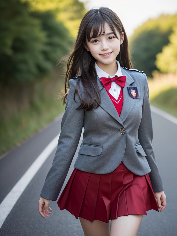 (the girl has light gray eyes:1.5)、(Close-up portrait of a slender girl with large breasts、Wearing a black blazer uniform with a red trimmed collar and a black skirt、I have long gray hair with flowing bangs.。:1.5)、(A girl walking with a small smile on a Japanese country road:1.5)、(Girl in uniform with black blazer and red trimmed collar:1.5)、(Blurred Background:1.5)、(Perfect Anatomy:1.5)、Photorealistic、Raw photo、Tabletop、highest quality、High resolution、Delicate and beautiful、Perfect Face、Beautiful fine details、Fair skin、Real human skin、((Thin legs))、((Big Breasts))、((Young face))、((Little Girl))、((Uniforms that reveal the shape of your breasts))