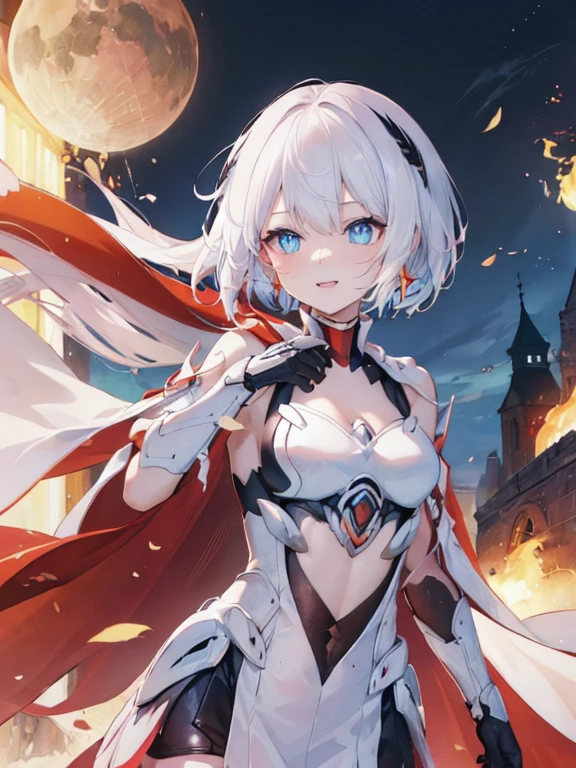 Masterpiece, best quality, expressive eyes, perfect face, 4k, highres, smile, more prism, vibrant color, ARMOR, valkyrie, kiana_flamescion, armor, cape, fiery cape, kiana kaslana,