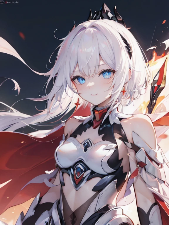 Masterpiece, best quality, expressive eyes, perfect face, 4k, highres, smile, more prism, vibrant color, ARMOR, valkyrie, kiana_flamescion, armor, cape, fiery cape, kiana kaslana, 