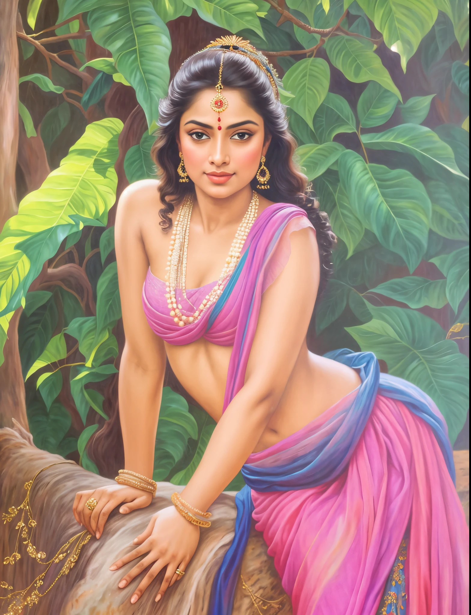Beautiful Indian Woman, wearing saree, sari Beauty, gorgeous, Apsara, Maharani, royal queen woman, nymph from Hindu Mythology, Urvashi, matchless beauty, Highly detailed, Oil Painting by Peter Paul Rubens inspired by Raja Ravi Varma, Matchless beauty, captivating, gorgeous, heavenly beauty, celestial beauty, by Peter Paul Rubens, 13, realistic, hyper realistic, micro details, incredible artwork, insane details, ultra High resolution, 8k, 32k, acrylic on canvas, intricate, flawless, detailed, detailed face, detailed eyes, masterpiece, by Peter Paul Rubens, by Caravaggio, by William Adolphe bouguereau, perfect face, perfect body, beautiful art, realism, baroque, renaissance Art, highly textured, beautiful and detailed eyes, uhd, best quality,

