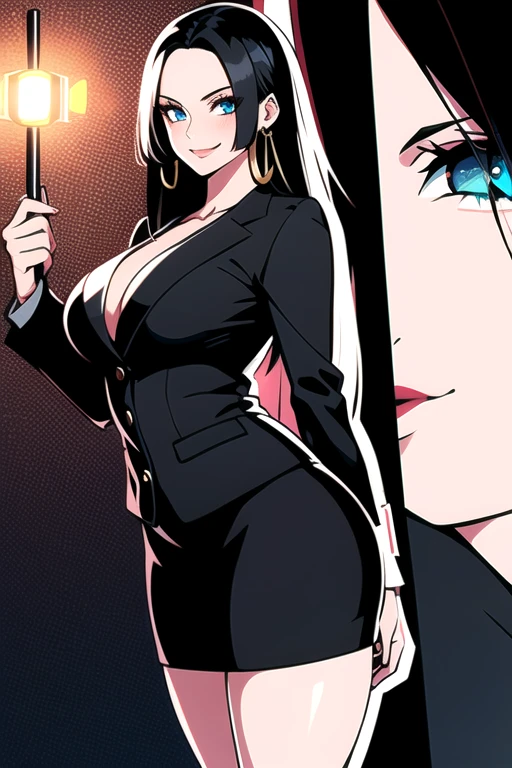 Hyper-realistic 8K CG, masterpiece, ((Ultra detailed background, Delicate pattern, Intricate details, Very detailed, Fine details of the highest quality, Ultra-fine face)), Big Breasts , High heel, (Large Breasts:1.1), Cleavage,cleveage, Big Ass, thigh,Beautiful Lights, absurd, BoaHancockV2, 1 Girl, Solitary, Black Hair, Long hair, jewelry, Shut up, ), ((Black skirt suit:1.1), Pencil Skirt, mini skirt,Curvy beauty, thigh, High heel, Shiny clothes, Firming skin), blue eyes, Complex and detailed background, in, Luxurious Palace), ((Cowboy shooting)), Curvy beauty, , seductive smile