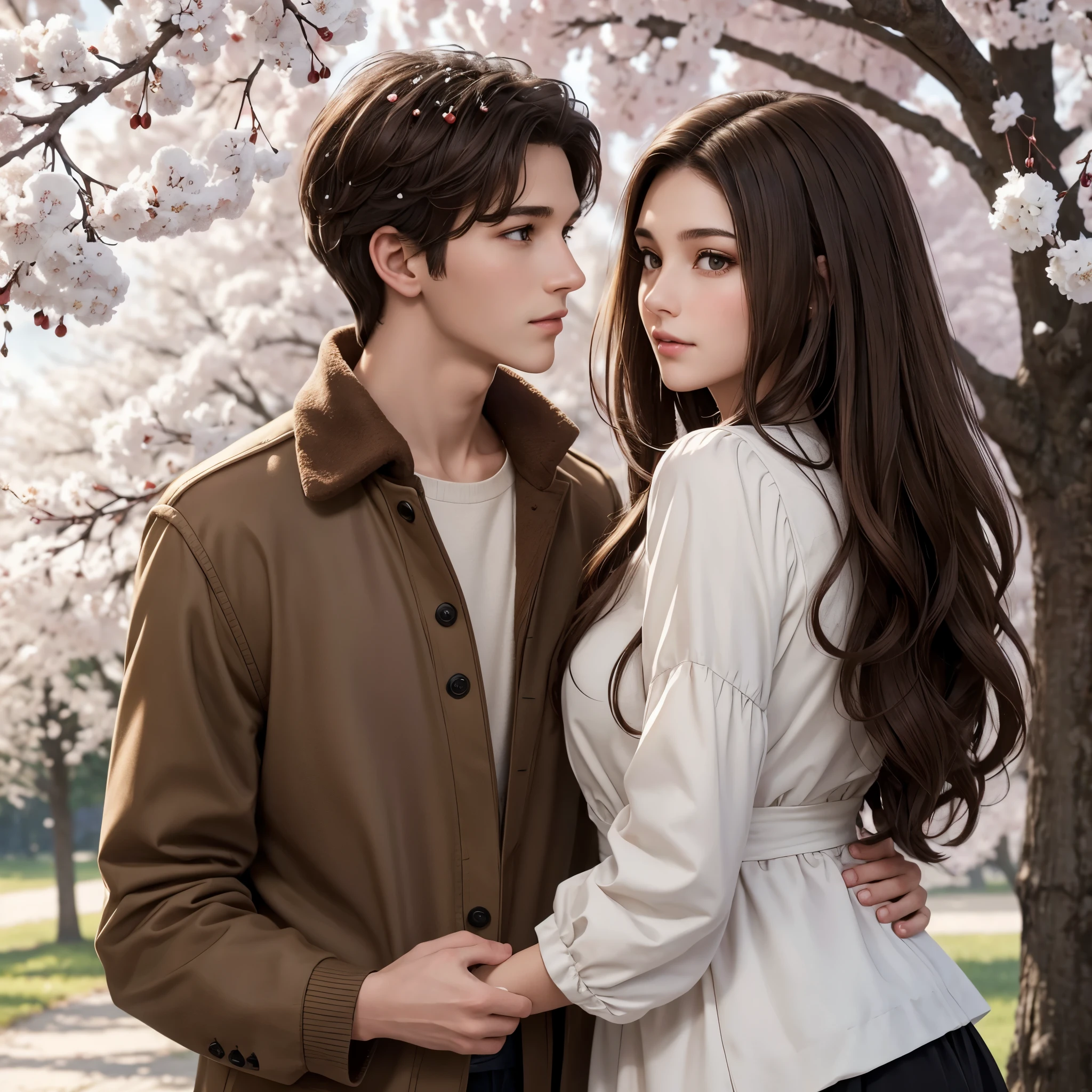 Tall slim snow-white boy with light brown eyes and brown hair with a beautiful face looking at each other in love with a Brunette girl with black and brown hair, brown eyes with very dark skin and a beautiful face under a fantastic cherry tree, work of art, hd, high quality, detailed,