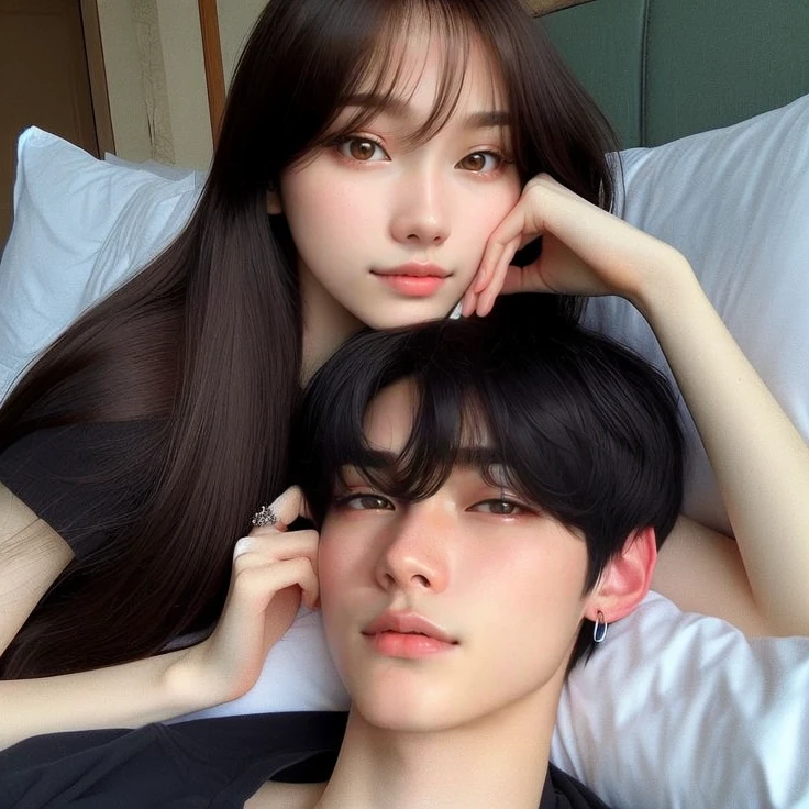 Hay dos personas acostadas en una cama junto con una mujer., ulzzang, Kim Doyoung, jinyoung shin, con cabello largo, pareja adorable, pose de pareja, pintar ulzzang, jaeyeon nam, kim taejin, crecimiento de una pareja, Yanjun Chengt, foto de perfil, con negro, cara hermosa y cara hermosa