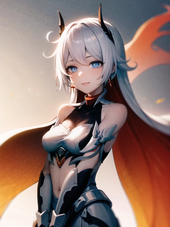 Masterpiece, best quality, expressive eyes, perfect face, 4k, highres, smile, more prism, vibrant color, ARMOR, valkyrie, kiana_flamescion, armor, cape, fiery cape, kiana kaslana,