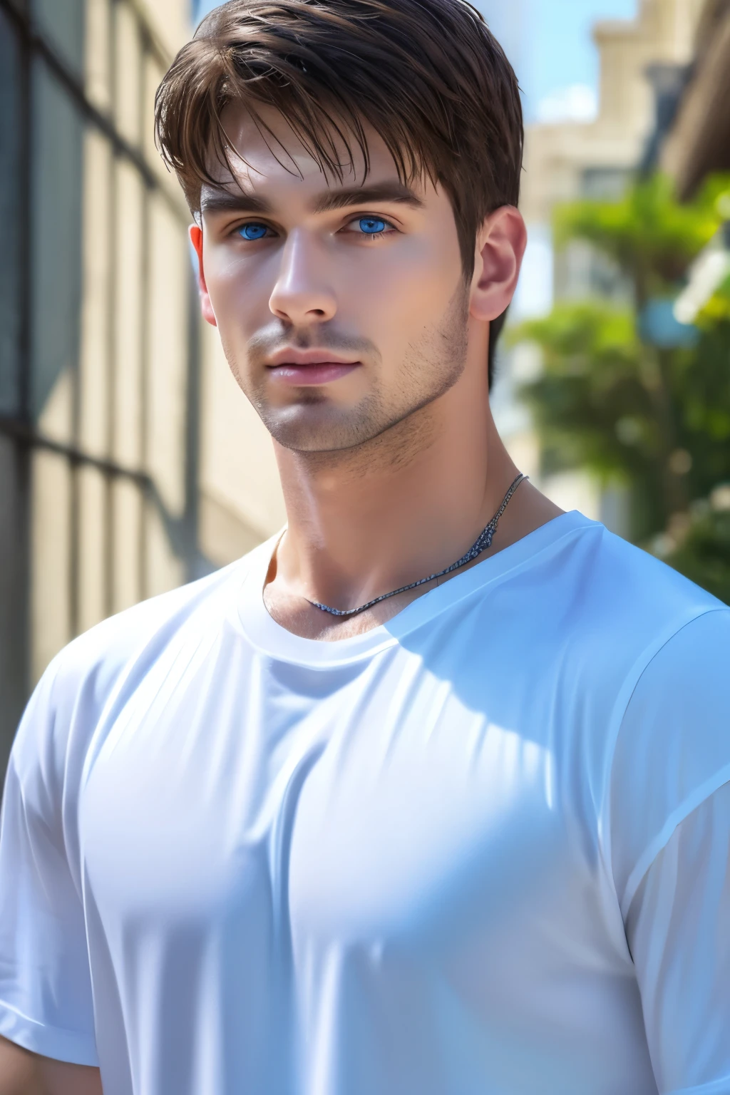 (masterpiece),(bestquality:1.0), (ultra highres:1.0), detailed illustration, 10, Handsome Boy,musculine,White loose t-shirt,Sir Young,handsome,28yo,Fine Skin,blue eyes
