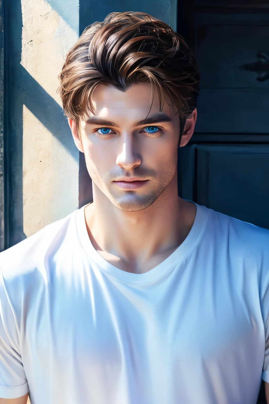 (masterpiece),(bestquality:1.0), (ultra highres:1.0), detailed illustration, 10, Handsome Boy,musculine,White loose t-shirt,Sir Young,handsome,28yo,Fine Skin,blue eyes