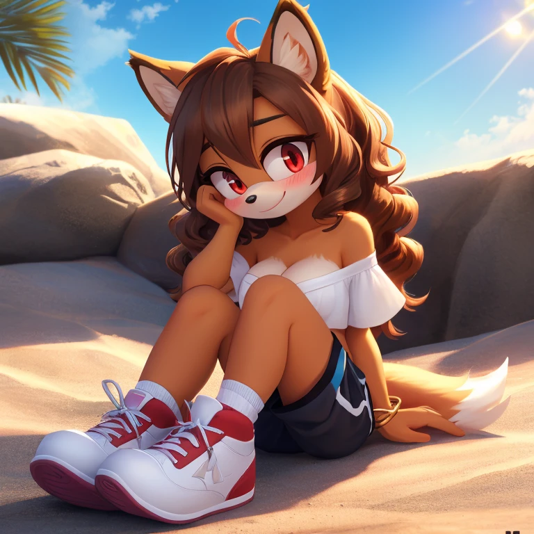 mobian, hedgehog, two-tone fur ((orange fur, brown fur)), pyjama elastic shorts, strapless crop top, cleavage, high-top sneakers, two-tone hair (brown hair, black tip)), curly hair, halo, sunglasses, jewelry, red eyes, longeyelashes, red eyes, smile, shy, blush, high detail, masterpiece, UHD, anatomically correct, super detail, highres, 4K