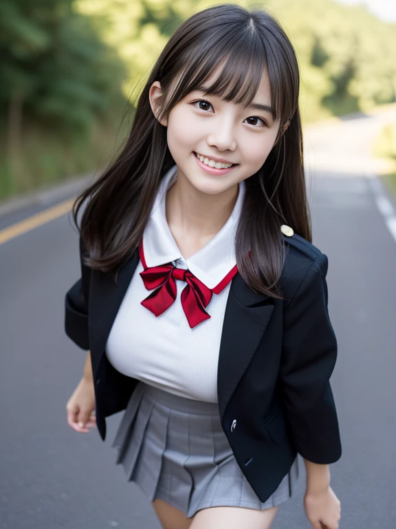 (the girl has light gray eyes:1.5)、(Close-up portrait of a slender girl with large breasts、Wearing a black blazer uniform with a red trimmed collar and a black skirt、I have long gray hair with flowing bangs.。:1.5)、(A girl walking with a small smile on a Japanese country road:1.5)、(Girl in uniform with black blazer and red trimmed collar:1.5)、(Blurred Background:1.5)、(Perfect Anatomy:1.5)、Photorealistic、Raw photo、Tabletop、highest quality、High resolution、Delicate and beautiful、Perfect Face、Beautiful fine details、Fair skin、Real human skin、((Thin legs))、((Big Breasts))、((Young face))、((Little Girl))、((Uniforms that reveal the shape of your breasts))、A smile showing beautiful teeth