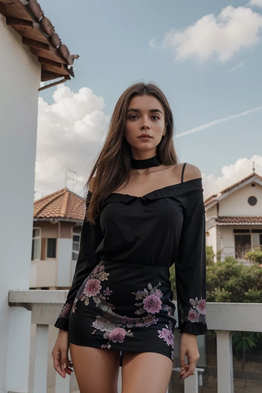 high definition images, atmospheric perspective, 8k, super detalhe, preciso, melhor qualidade, Angle from below, uma mulher, droopy eyes, cara de sono, corar,(vestido roxo floral),colar, standing portraits ,cena do dia, vista do pagode, cabelo para cima, roupa da acmm, top preto acmm , saia acmm estampada preta,